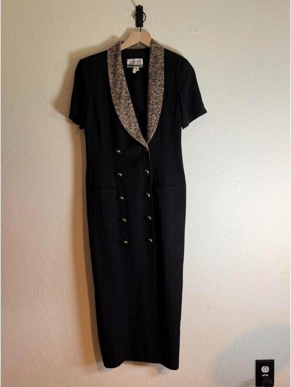 Julian Taylor Black Midi Dress with Animal Print Collar and Double-Breasted Gold